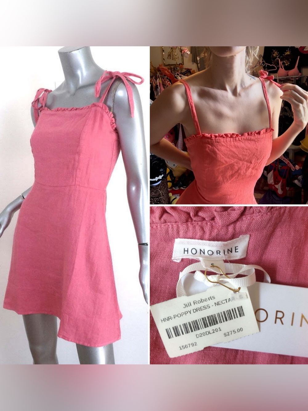 $275 HONORINE Linen Coral Sleeveless Dress with bow shoulders
